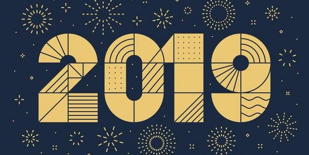 2019 New year greeting card with fireworks. Minimalist style, geometric thin outline. Vector, eps.10